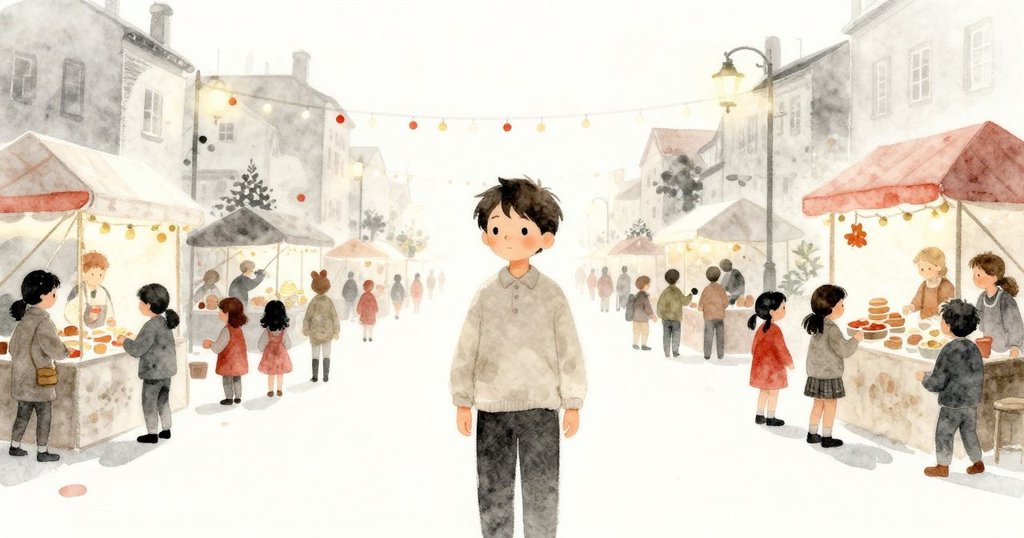 街道上慶典熱鬧中，孩子們揮舞彩帶攤販呼喊歡笑，溫暖黃昏光線照亮充滿活力的慶典現場