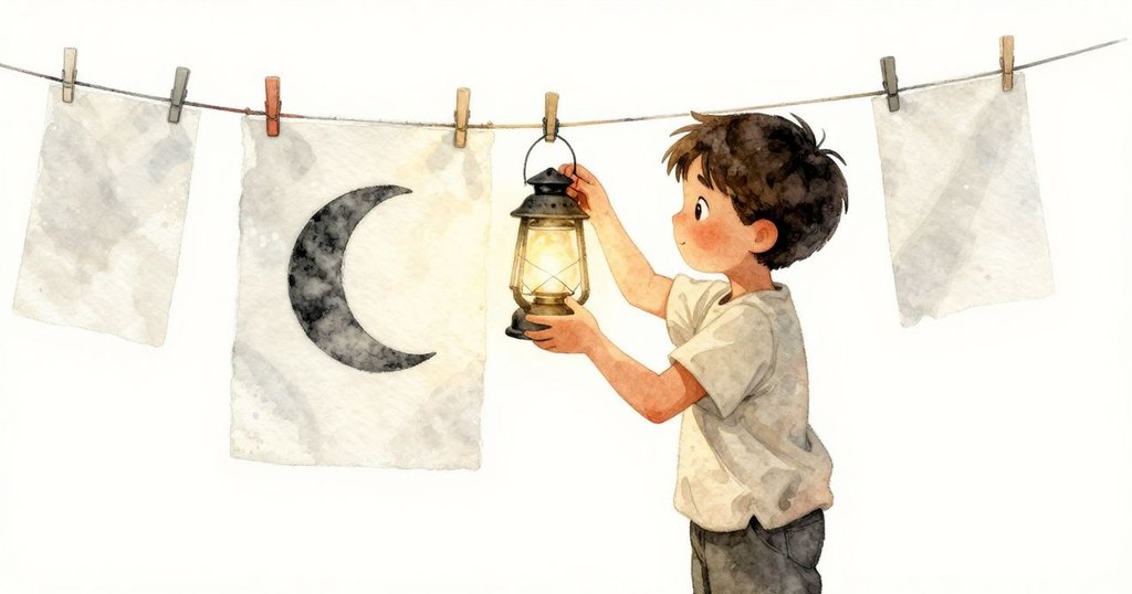 希勒斯靜觀掛於曬印線上獨特的新月印刷品，他與路人相視點頭，情緒平靜而滿足