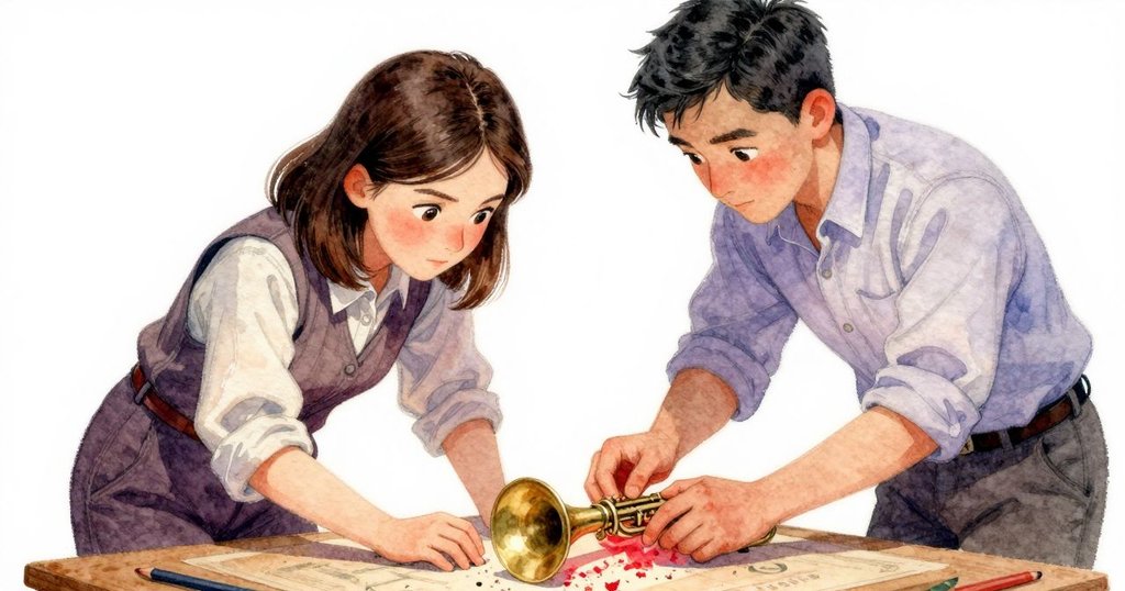 奧黛特專注調整儀器，手部特寫展示銅製聚焦器與鉛筆刨花和雪松小木屑，細節豐富且燈光溫暖