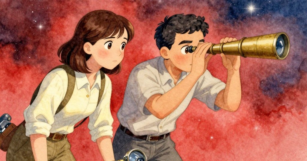 奧黛特透過望遠鏡凝望星空，傑斯珀靜立旁邊協助，前景精緻儀器與背景繁星交織，層次分明