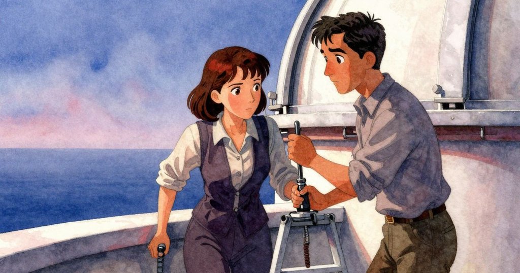 傑斯珀在梯旁低語指引，奧黛特凝神停步於手柄前，金屬空間中呈現轉折懸疑情緒