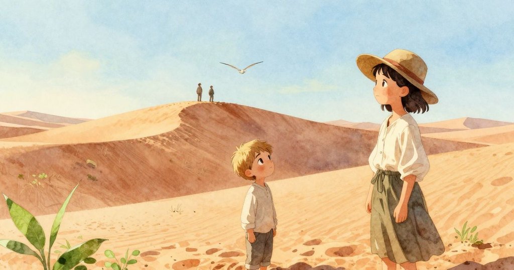 男子與女子在沙丘頂上觀察沙鷚飛舞,背景充滿晨光、足跡與柔和沙丘,表情專注期待新一天冒險