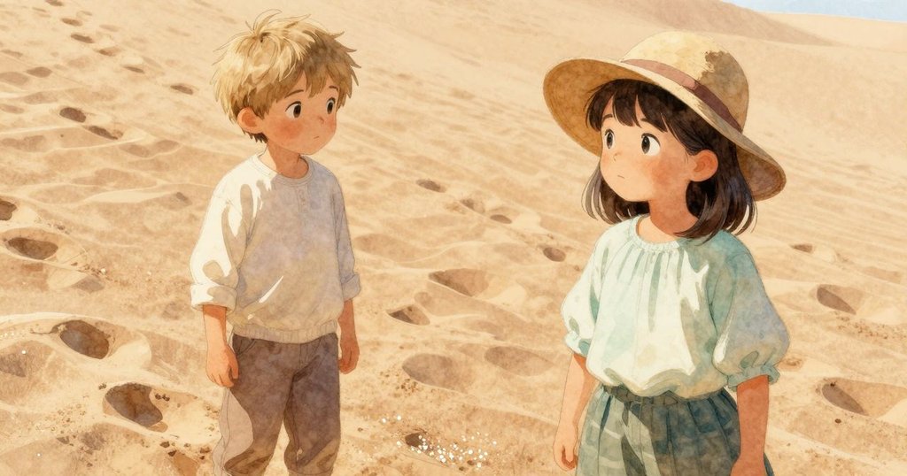 鏡頭特寫展示沙丘細膩紋理,腳印與閃爍雲母點綴其中,陽光照射下呈現出豐富層次與細節