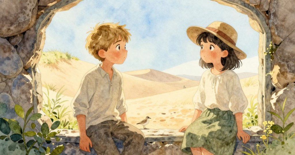 透過岩石窗框觀察沙丘頂部景致,沙鷚輕快行動,柔和晨光灑入,展現自然與探索的詩意瞬間