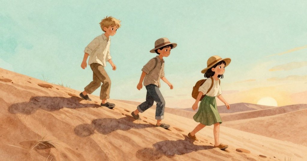 男女探險者從明亮沙丘頂移步至陰影沙坡,輕步中欣賞變幻沙紋,展現寧靜與探索交織的意境