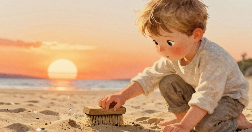 男子俯身輕拭沙層,露出一顆閃亮雲母,他表情中透露出驚喜與細膩好奇,畫面充滿溫暖光影