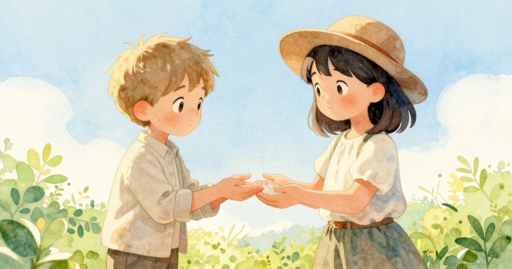 男子將微小閃亮雲母展示給女子,兩人眼神交會充滿驚喜與溫馨,背景是柔和沙丘展現共享秘密