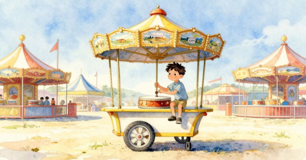 Sam在市集中操作糖機,金色燈光映照下反射出他專注神情,營造出溫暖而充滿期待的氛圍。