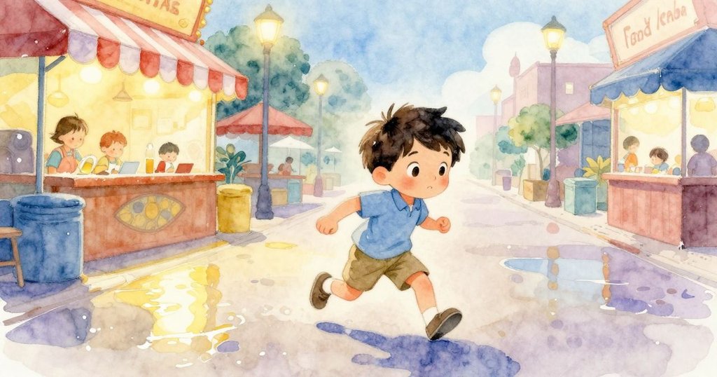 雨後的市集景致中,水光閃爍映襯著條紋遮陽篷,Sam專注操作,營造出柔和又充滿生氣的季節氛圍。