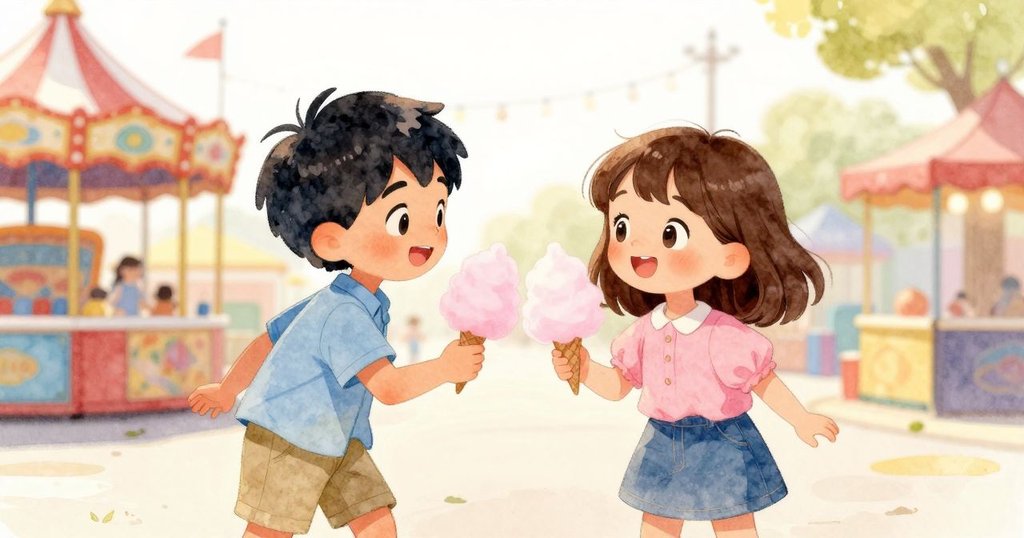 在熱鬧市集中,Nell驚喜欣賞近成的甜棉花錐,Sam一旁微笑調整,兩人洋溢著溫馨互動。