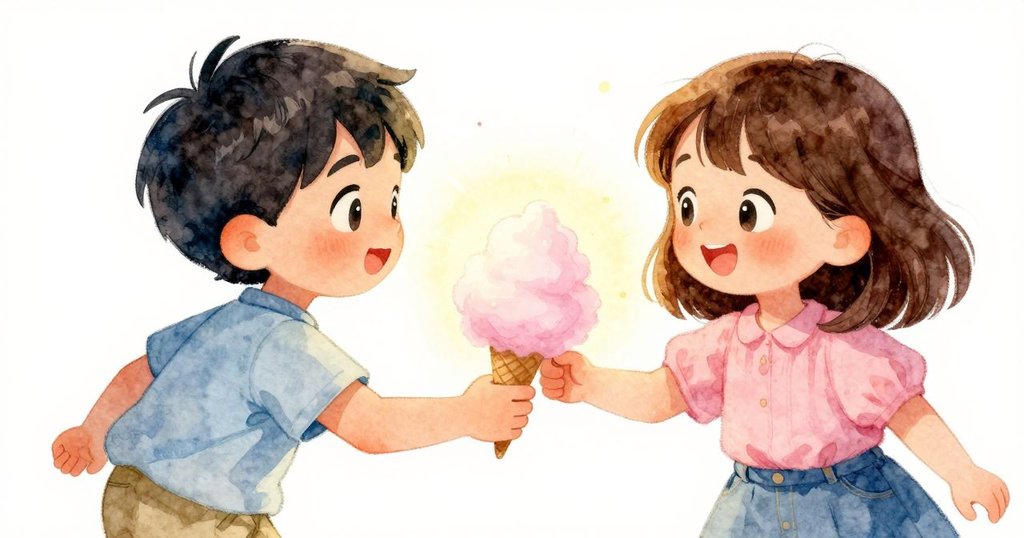 在溫暖燈光下,Sam細心將精緻的甜棉花錐交給Nell,兩人互動充滿欣賞與信任,呈現最終創作的美好瞬間。