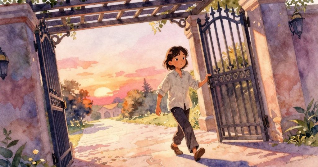 卡爾從古樸漆面大門邁出步伐,陽光灑落在庭院,陰影交錯,表情流露出好奇與期待,故事開始。