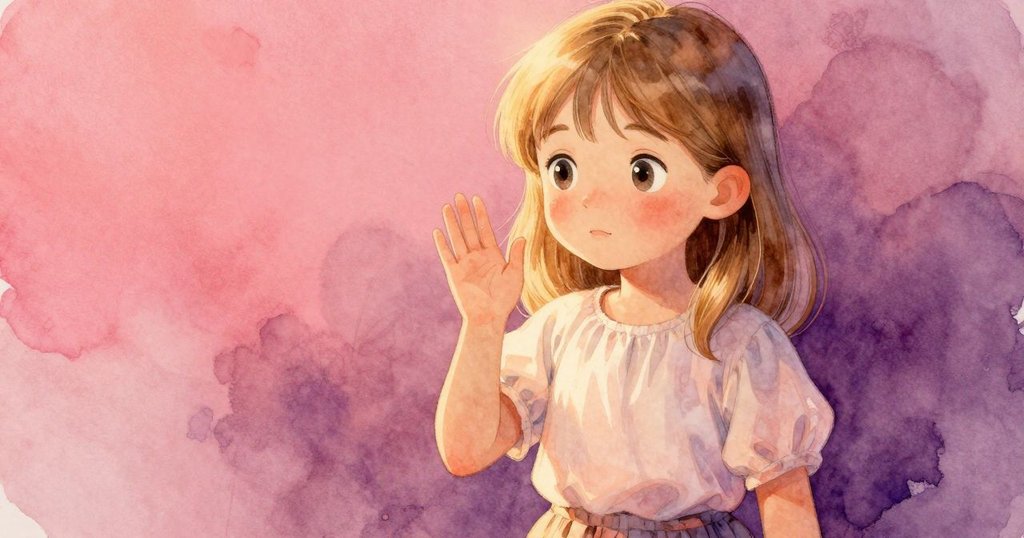 格蕾塔在牆邊用篩子工作時抬頭揮手問候,面帶平靜的微笑,展現溫暖而靜謐的情感。