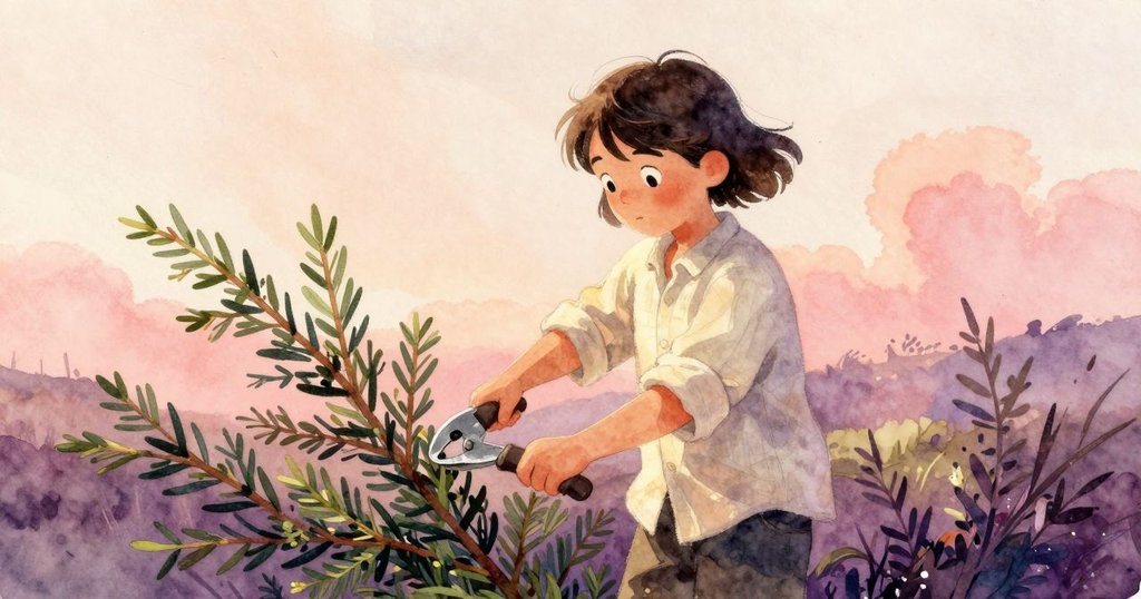 卡爾在戶外庭院中使用工具修剪樹枝,微風輕拂楓樹葉,一隻小鳥棲息在磚上,現場氣氛寧靜。