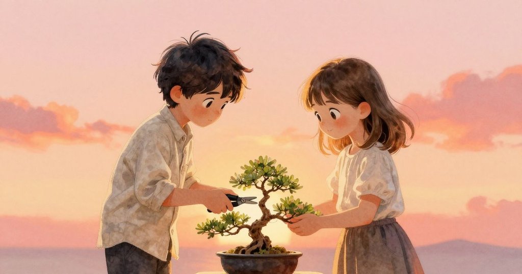 卡爾與格蕾塔在庭院中互動,卡爾專注操作工具,格蕾塔溫柔旁觀,溫暖光線映襯下展現同心協力。