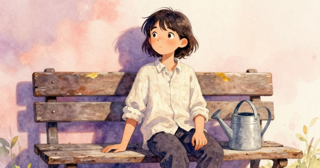 卡爾坐在盆栽板凳上休息,旁邊擺著澆水器與散落水滴,午後陽光柔和,面帶滿足安寧神情,敘事漸入尾聲。