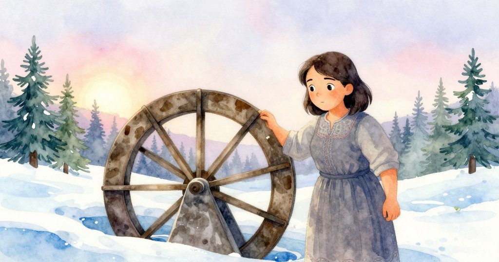 Tara在晨光中於古老磨坊內工作,身影與轉動磨輪形成剪影,場景寧靜溫暖充滿希望。