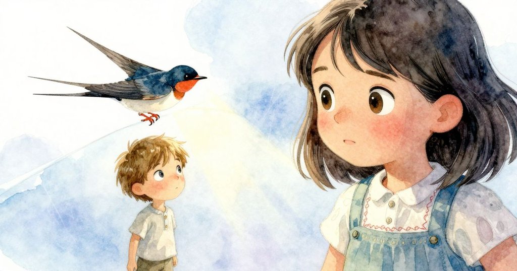 燕子迅速飛入磨坊,停於料斗邊緣,羽毛偶帶草片,光影交錯呈現奇妙氣氛。