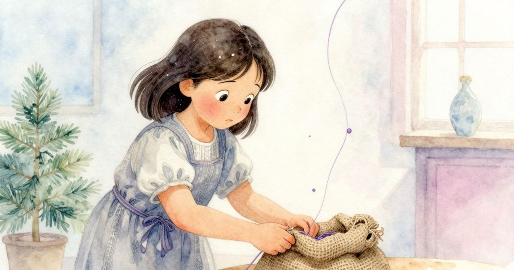 Tara專注注視紫色細線從空中飄落至麻布袋上,背景散發柔和光芒,透露自然微妙驚喜。