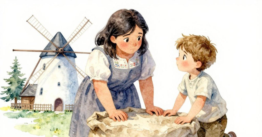 Tara與Arlo於磨坊袋桌旁互動,Arlo凝視觀察,Tara操作空袋,場景溫馨展現協作情誼。