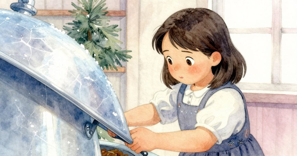 Tara平靜滿足地閉上料斗蓋,背景中磨輪緩轉回響,象徵努力後的柔和平靜收尾。