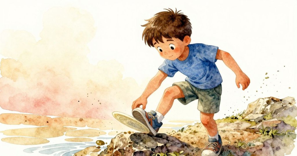 Troy 用運動鞋踩在岩縫上,撥動被岩石夾住的淡盤,午日明亮光線下展現毅力與動作