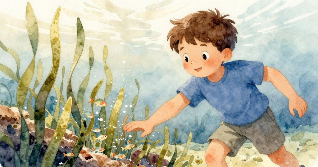 Troy 的手輕掠過潮池上方,海草間小魚驚慌逃竄,明亮光線下展現水下生態與動態