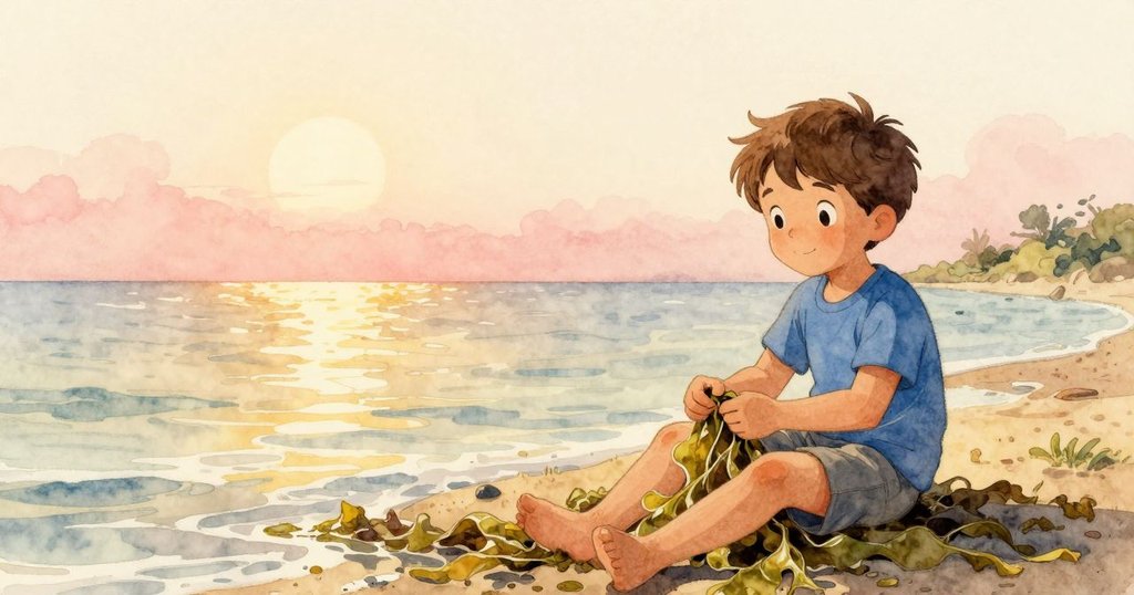 Troy 坐於潮汐池邊靜思,手中折疊海藻隨水漂流,背景展現遼闊海景與和暖夕陽,充滿平靜情懷