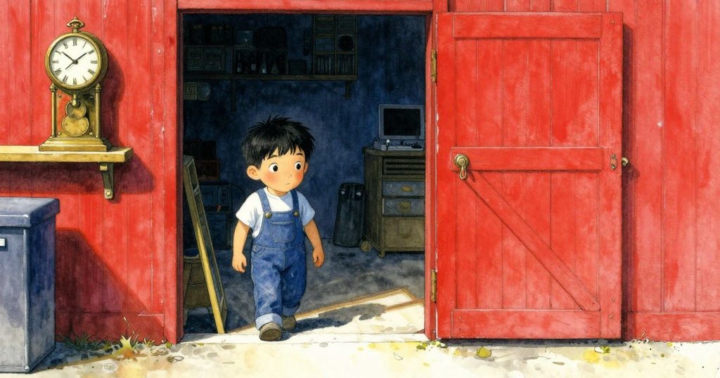 昆恩走出儲藏室踏入溫暖修理店,桌上古銅時鐘引起好奇,傾斜角度增添神秘感。