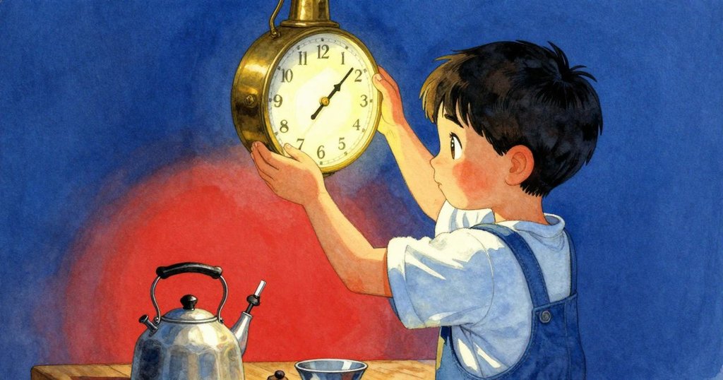 昆恩肩後視角專注舉起靜音時鐘,背後熾亮燈光映照焊鐵與微響水壺,修理現場生動。