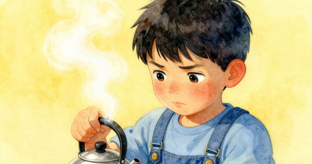 昆恩面部特寫,表情集中略帶挫折,水壺蒸氣緩緩上升,呈現修鐘過程中心路掙扎。