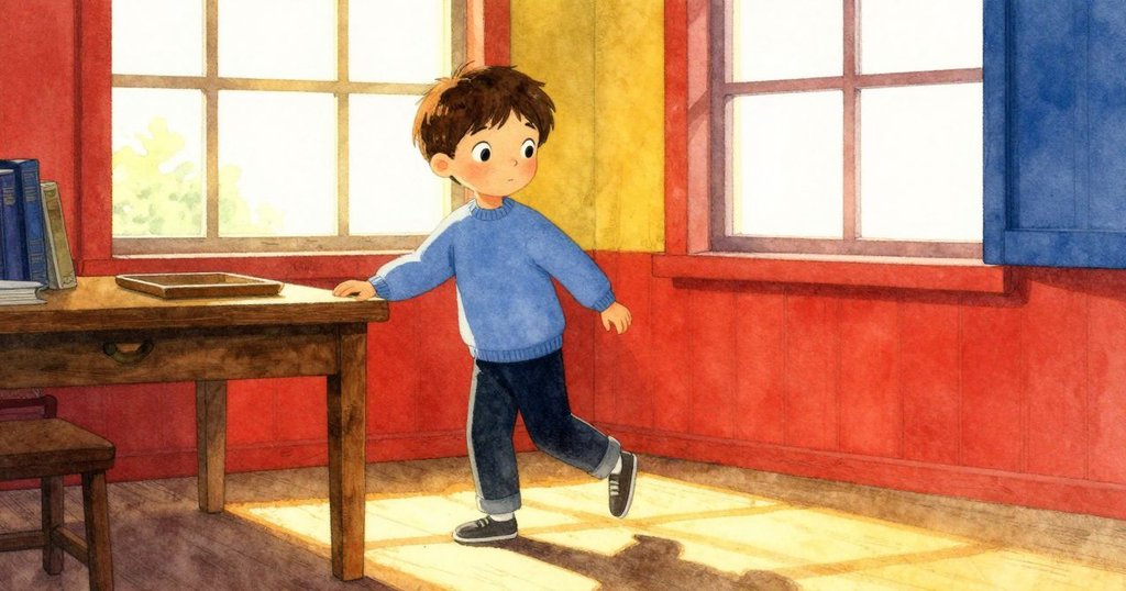 Remy站在工作室門口,充滿藝術用品的室內環境裡,透過明亮窗戶流露出溫暖光線,表情充滿好奇。