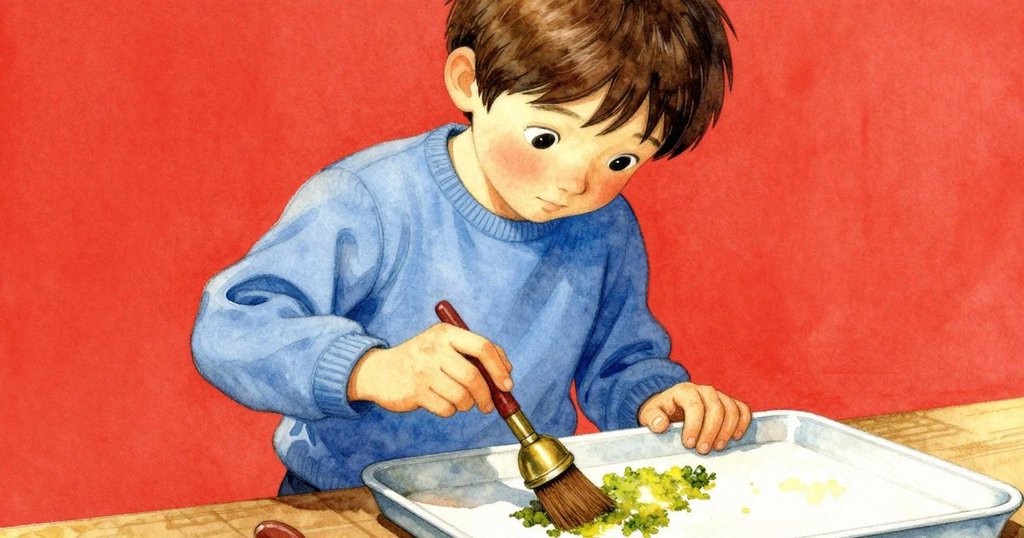 Remy的手輕撫托盤上淡綠痕跡,專注觀察物品細節,燈光柔和,顯示出內心探索的情感。