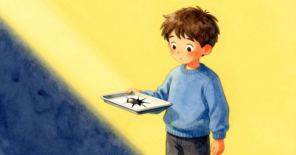 Remy傾斜托盤,利用紙片調整角度,使隱藏石子裂痕透出微妙光線,表情專注,構圖獨特。