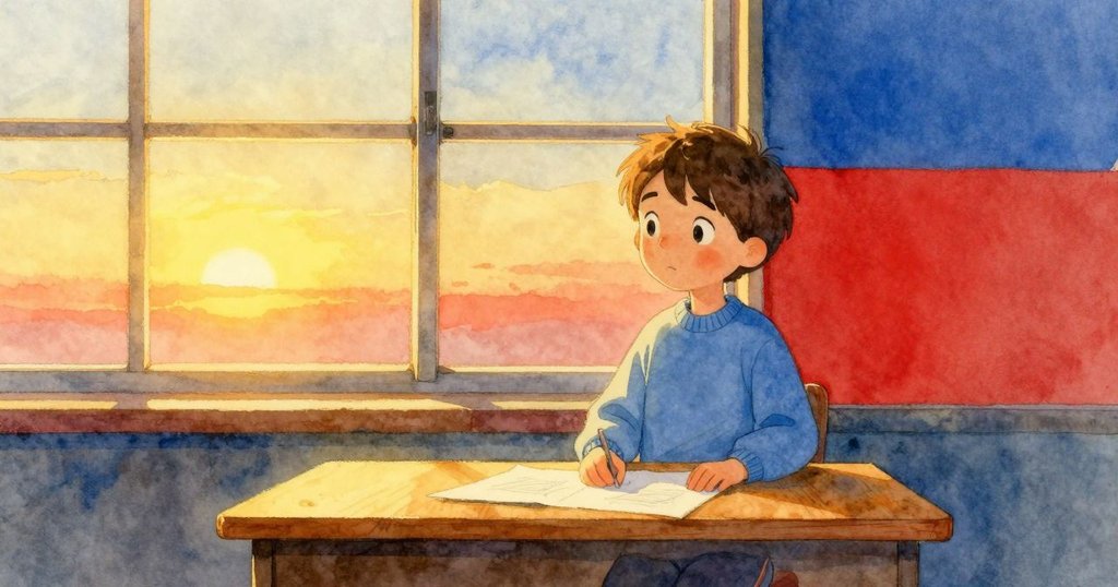 Remy合上筆記本,桌上物品靜謐,夕陽將整個空間染上金色溫暖光芒,結局平和充滿詩意。