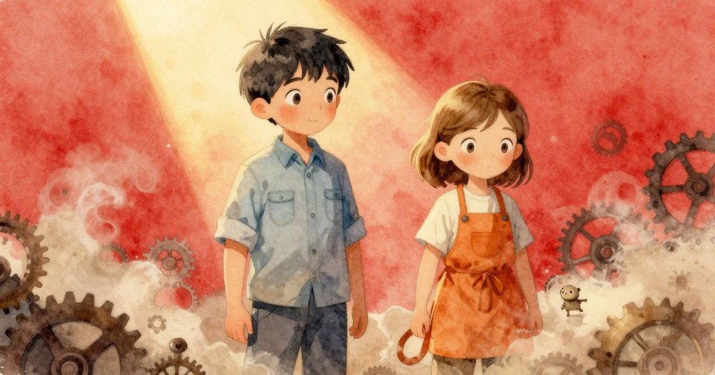 從小生物視角看見塵埃與齒輪交織的場景,Kay與Fenna身影隱約,展現機械世界的靜謐好奇