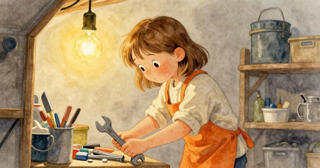 Fenna在燈光昏黃的儲物室內彎腰拾起落下扳手,背景工具雜亂卻充滿故事感,神情專注