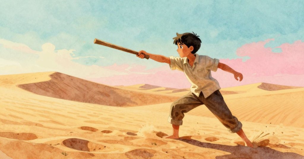 Trent在沙丘邊插入木棍，充滿決心，橘色沙丘與藍天映襯出冒險開始的氛圍。