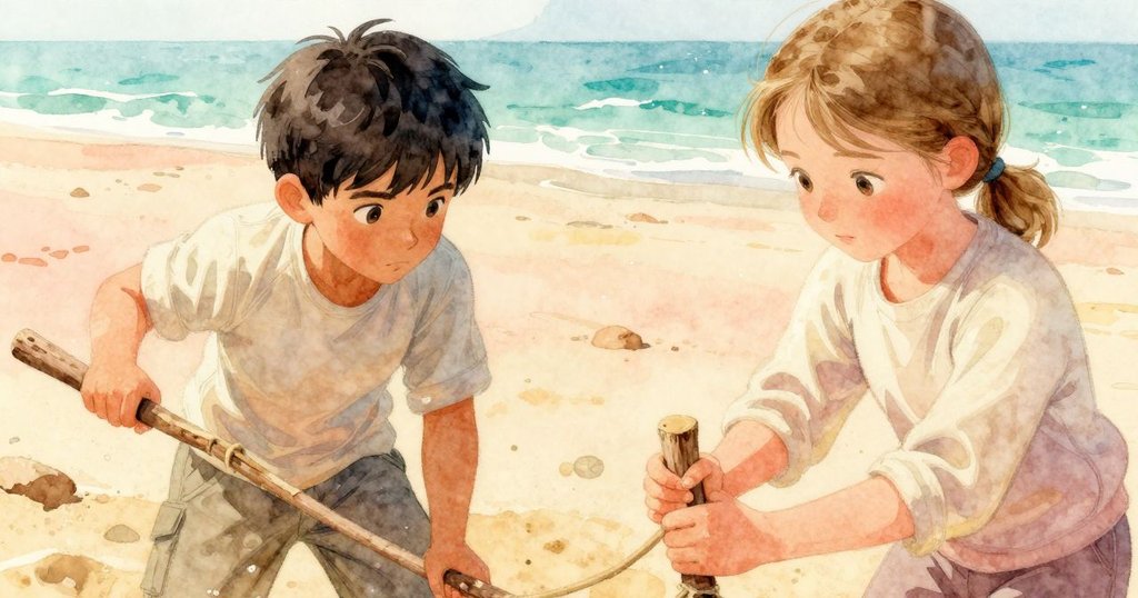 Trent的手在沙中纏繞繩圈，細節顯示砂粒閃光，展現專注與技巧。