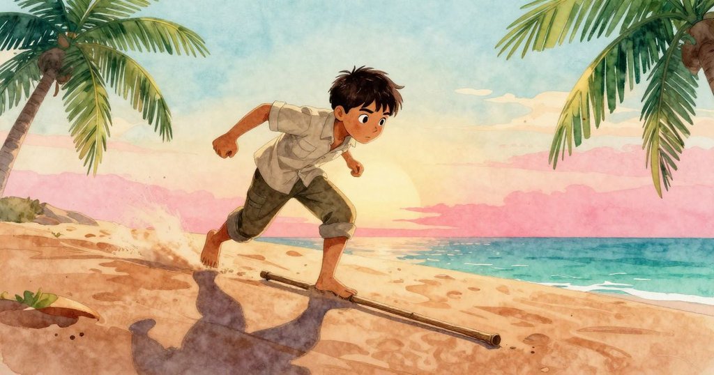 Trent站在沙丘頂端，凝視遠方，木棍影子拉長，展現堅定與雄心。