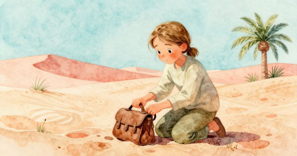 Kit跪在駱駝旁輕拉皮具，細膩沙紋顯示沙丘緩慢移動，神情專注。