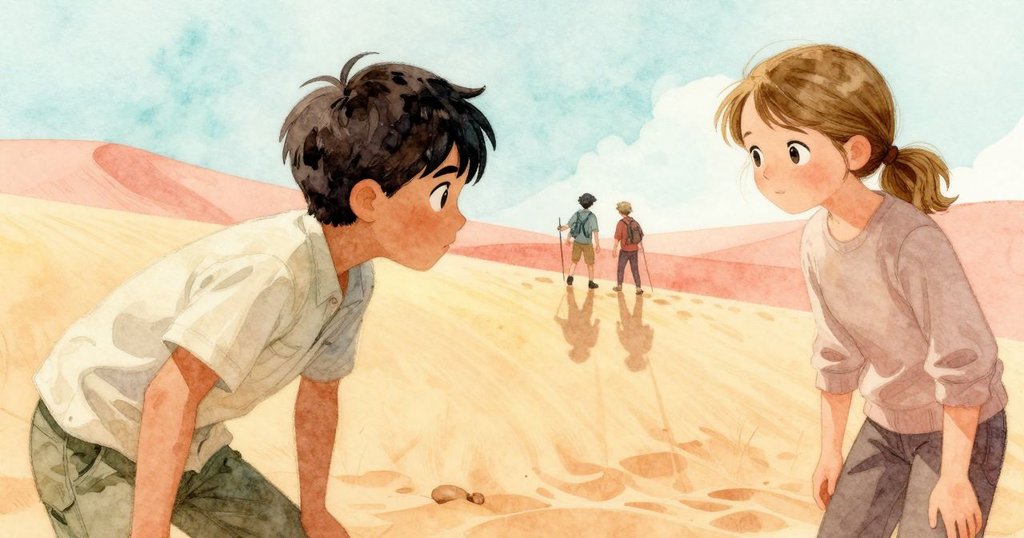 Trent和Kit共同注視木棍影子變化，風輕沙移，氣氛靜謐而充滿默契。