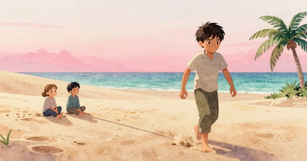 Trent與Kit坐於靜謐沙丘上，觀看流動沙粒與延伸影子，結束冒險的寧靜時刻。