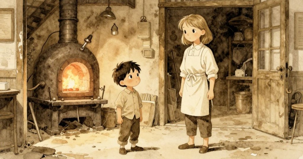 保羅站在工房門口,神情驚訝,奧黛特專注操作吹管,火爐暖光映照室內,展現故事開端。