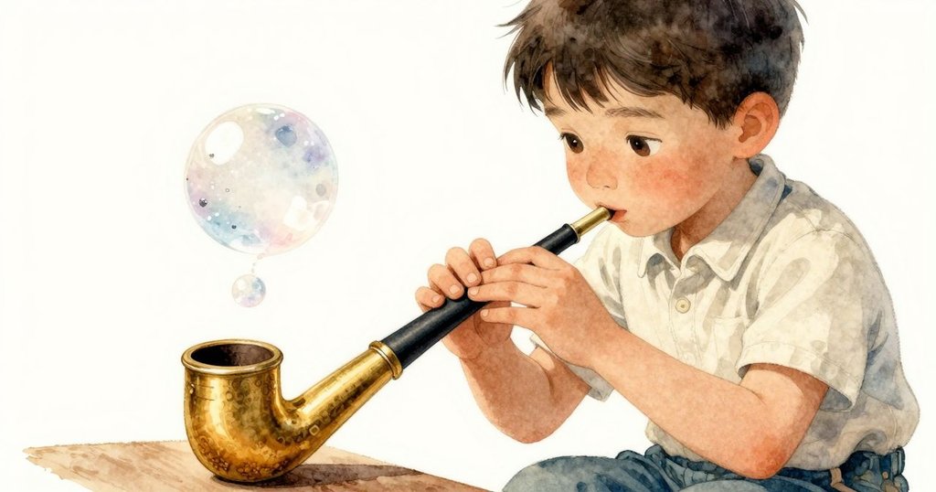 保羅專注握著練習吹管,氣泡閃現銀點,手部動作細膩,展現工房中精緻製作情景。