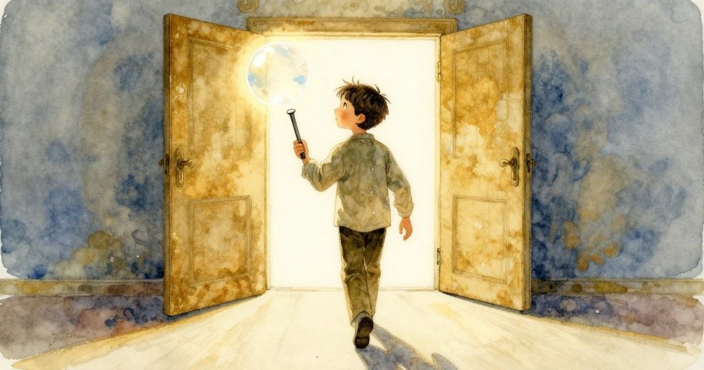 保羅手握穩定氣泡及練習吹管,面向明亮出口邁步前行,神情堅定,象徵著創意新征程。