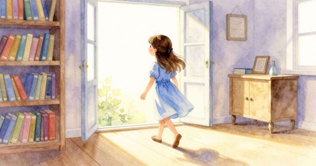 Freya朝向明亮窗戶走去,工作室內溫暖光線灑落,充滿期待與創作氛圍,室內外連結展現故事開端