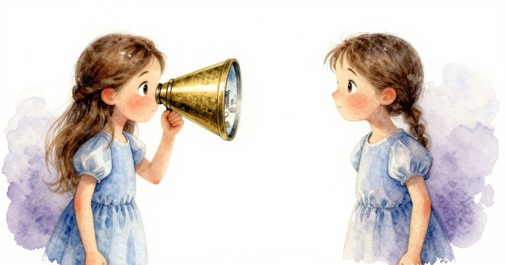 Freya透過銅鏡觀察石頭變幻成迷你都市,細節豐富展現奇幻視角,她充滿驚奇與好奇表情