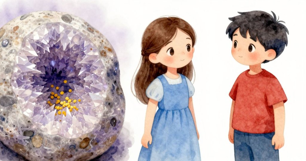 鏡頭拉近展現石頭內部秘密空間,晶格結構與淡黃色光澤營造神秘感,充滿細膩探索氛圍