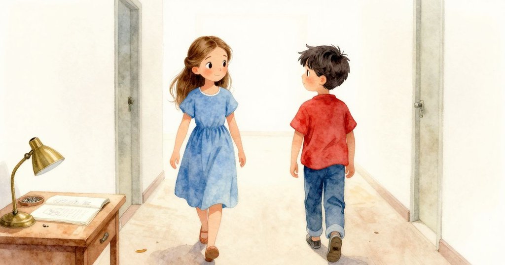 Freya與Cedric離開工作桌,種子留在托盤上於銅鏡下靜待,平和走廊與室內光影交織呈現故事結尾